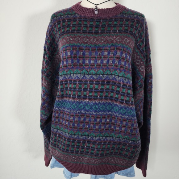 Vintage Basix FMW Crewneck Sweater Mens XL Purple Green Knit Pattern Pullover - Picture 1 of 6